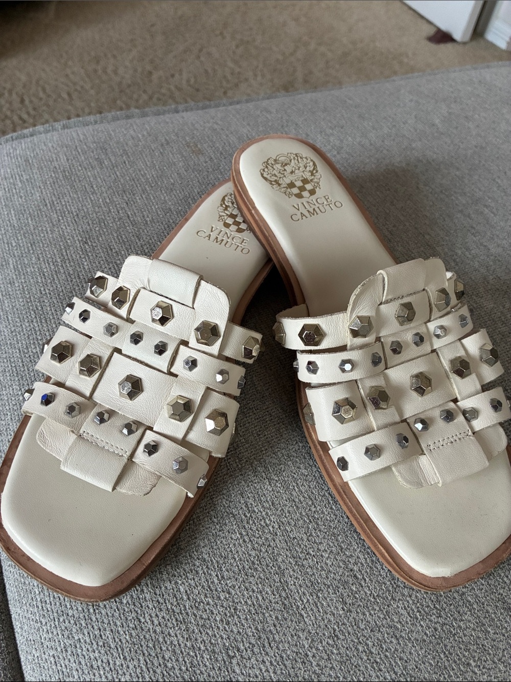 Vince Camuto Ivory Studded Woven Slide Sandals with Gold Accents